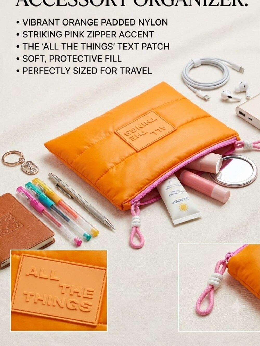🍎Nwt Puffy Pouch Organizer Cosmetic Bag Orange Quilted Travel Accessory Case